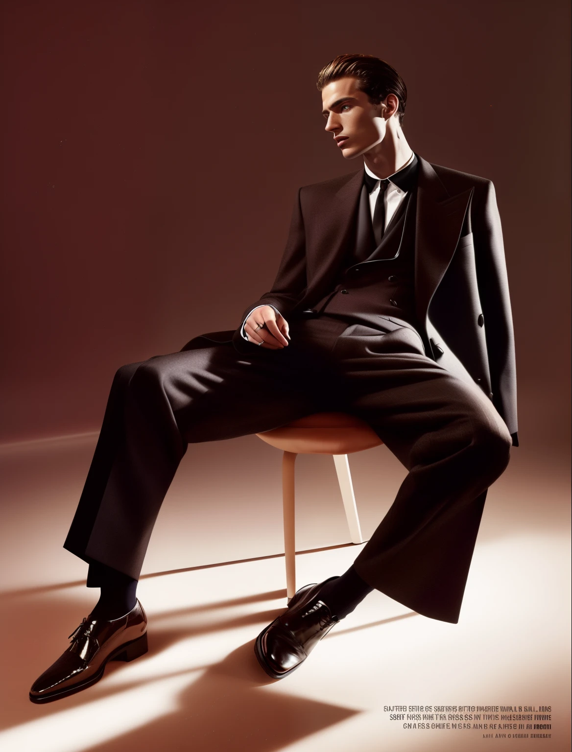 arafed man in a suit sitting on a chair in a studio, vman magazine, official jil sander editorial, masculine appeal high fashion, for gq, editorial model, editorial photograph, official vogue editorial, official vuitton editorial, androgyny, official valentino editorial, editorial image, wearing a worn out brown suit, fashion editorial, beautiful androgynous prince