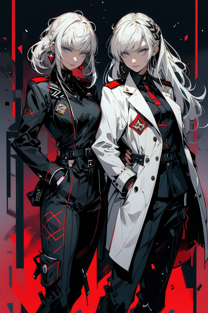 Tall, slim, She has long grey hair tied back in an enormous, messy ponytail that reaches down to her thighs, some of her hair is covering one of her eyes, she wears a red jacket over a black full-body suit, golden eyes