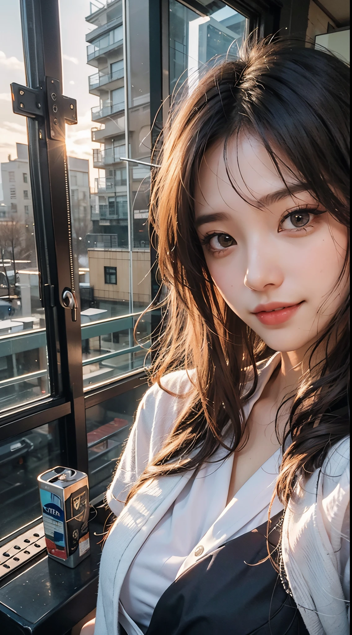 1girl in, ((Fisheye, Selfie)), Wind, hair messy, Sunset, Cityscape, (Aesthetics and atmosphere:1.2),Beautiful woman smiling、8K、An ultra-high picture quality、japanes、1 woman around 20 years old、French Bob Hair、Smiling、((smile with white teeth))、