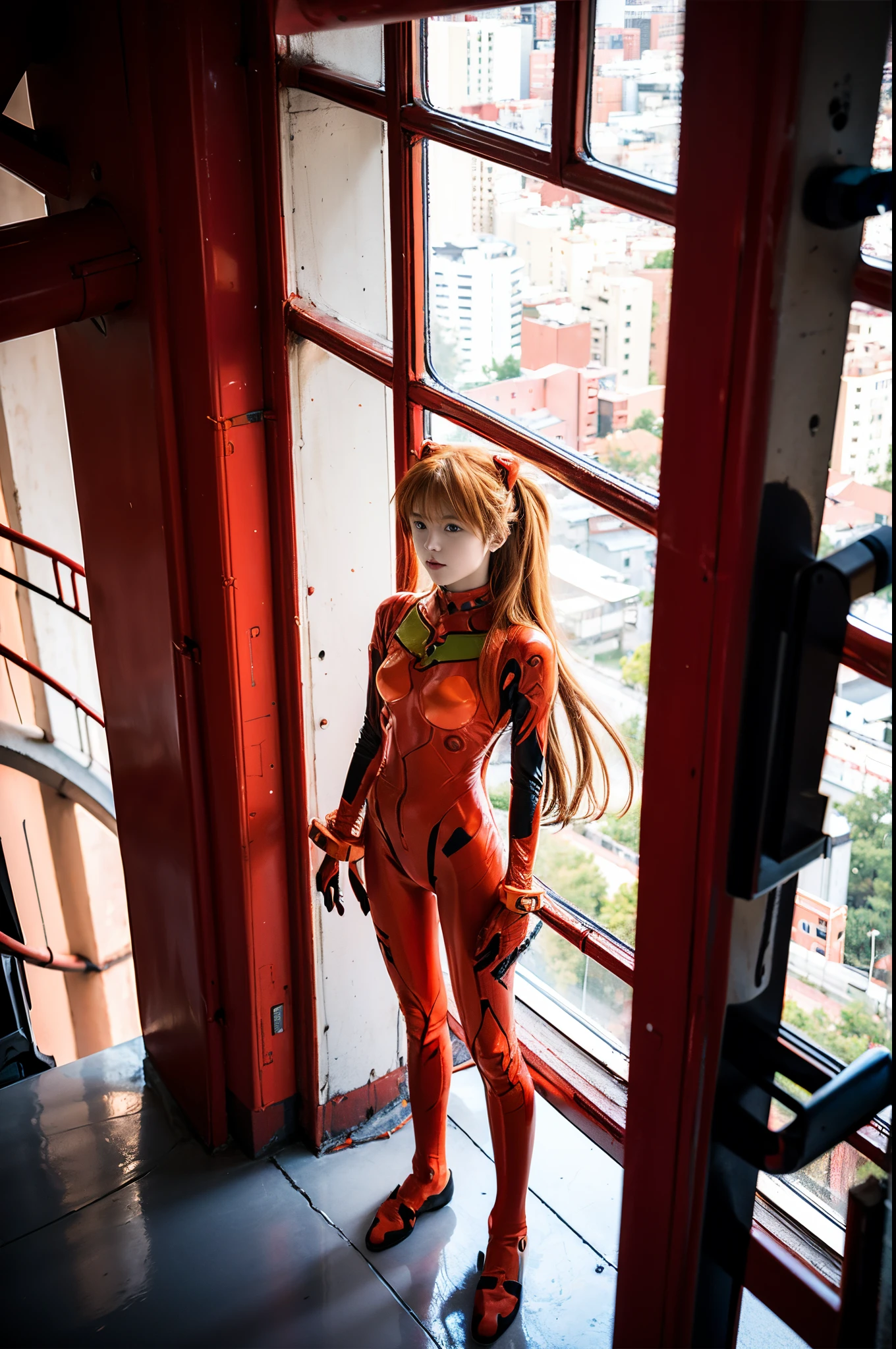 anime - style woman in a cat suit standing in front of a window, beautiful asuka from evangelion, full body zenkai! asuka suit, asuka from evangelion, asuka langley, asuka langley soryu, asuka langley sohryu, asuka langley souryuu, asuka suit under clothes!, from evangelion，vacuum combat suit，No.2 engine cab，asuka，asuka，eva，golden hair，Long hair，**** little face，Pretty little face，Pretty girl with little face，vacuum combat suit，No.2 engine cab，asuka，asuka，eva，golden hair，Long hair，**** little face，Pretty little face，Pretty girl with little face