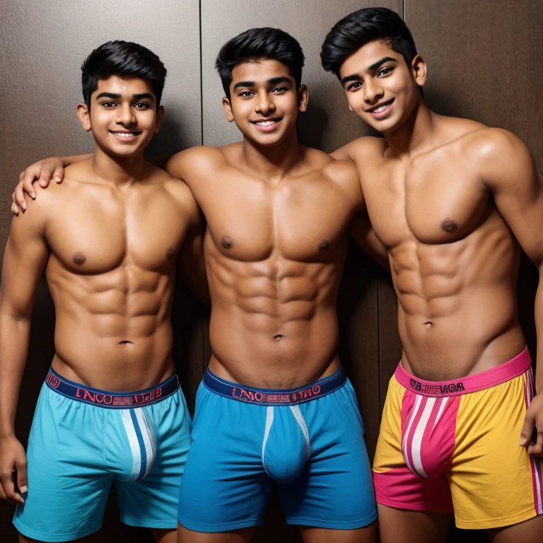 3 young handsome indian agers, musculosos, solo usan boxers, with a very large, long and erect bulge in the crotch, que esten sonriendo.