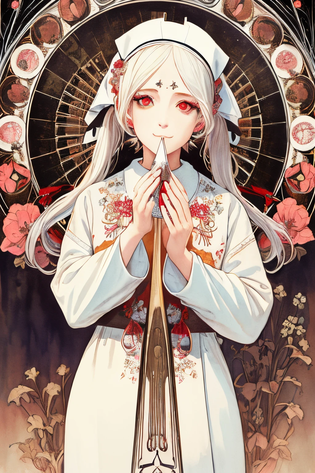 SFW,masutepiece, Best Quality, High resolution, 1girl, upper body, Details , detail hands, Detail fingers, Detail Face, detail legs, watercolor paiting, in graveyard, white hair, pigtails, wavy hair, white clothes, red eyes, skull, bone, (art nouveau:1.25), Maximalism artstyle, neon theme, suprematism, beautiful detailed eyes, hyper detailed, beautifuly color, high details, high quality, back light, upper body, high quality, hair with body, white lilys, evil grin, human hands, priest, poisoned chalice