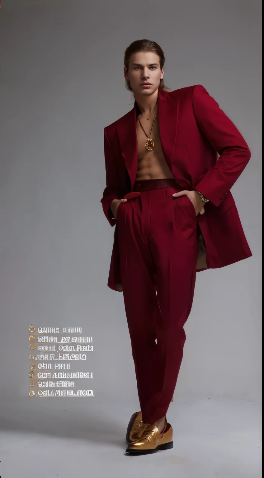 A man wearing a red suit and gold shoes poses for a photo, Red suit, masculine appeal high fashion, plethora of colors, wearing red clothes, ornate dark red opulent clothing, Red clothes, wearing red clothes, wearing red clothes, Crimson clothes, modern suit, all red, Anton Faev's style, dressed with expensive clothes