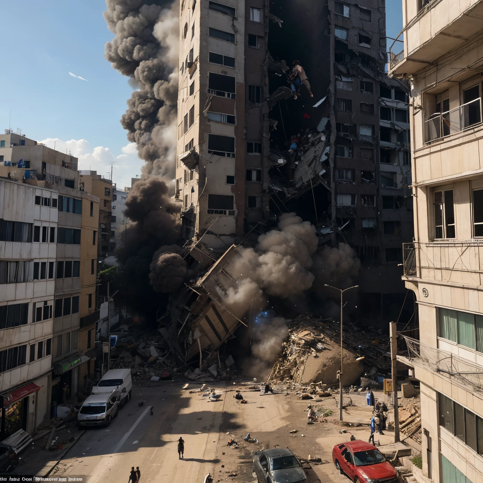 An action-packed scene of the duo using their powers in tandem to save civilians from a collapsing building