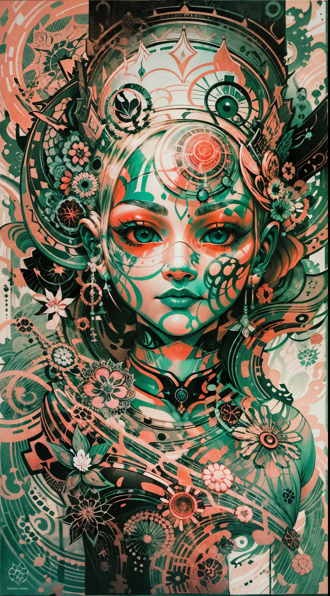 Explosive, otherworldly painting of a shape-shifting deity adorned with chaotic pornography motifs and omnipresent, piercing eyes, a breathtaking amalgamation of fine art and captivating photo collage, mesmerizing poster design:: their appearance exuded the enigmatic allure of seductive minimalism fused with cosmic chaos:: --ar 9:16 --s 963 --c 9 --q 2 --v 5