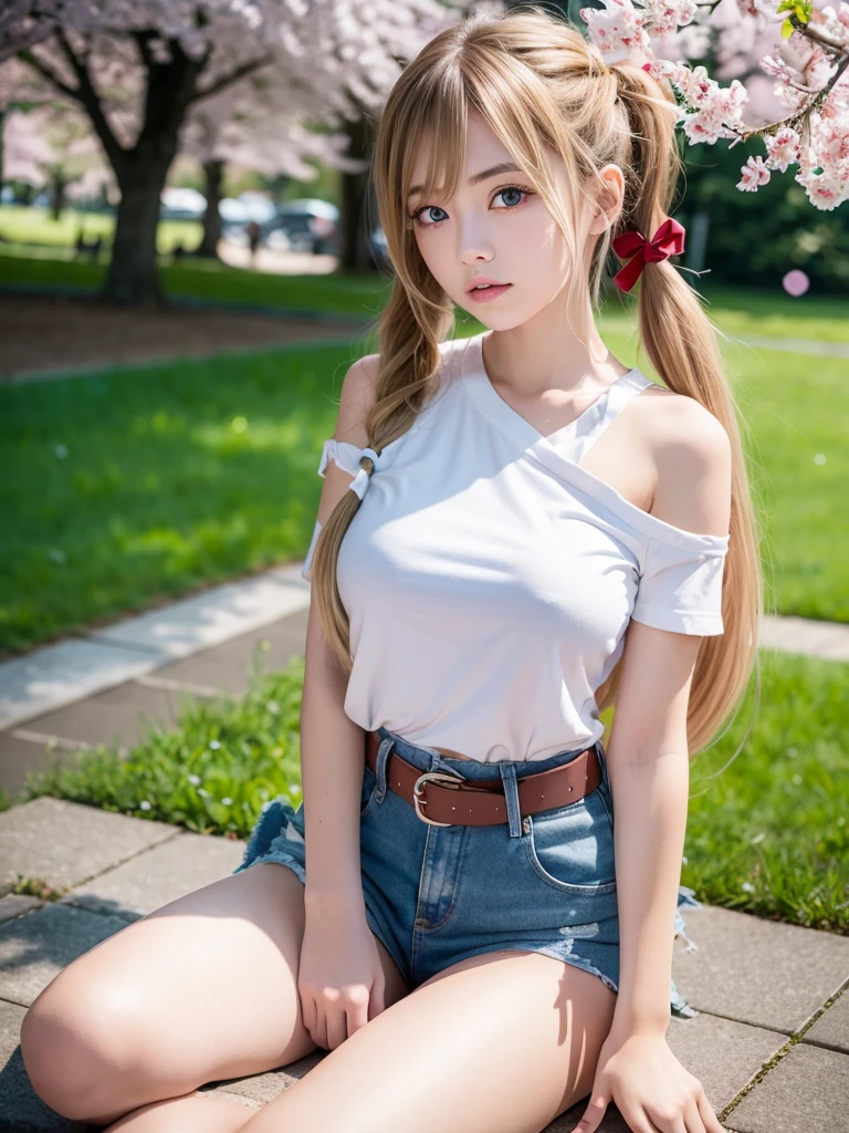 1girl, yo, blonde hair, very long hair, twintails, red ribbon, blue eyes, shy, ,akizuki airi, blonde_hair, blue eyes, twintails, very_long_hair, hair_ornament red, hair_scrunchie red, big_breasts,akizuki airi, blonde_hair, blue eyes, twintails, very_long_hair, hair_ornament red, hair_scrunchie red, big_breasts, white tshirt, bare_shoulders, blue jeans shorts, belt red, thighhighs,
sitting,
arm support,
bluesky,
branch,
cherry blossoms,
cloud,
cloudy sky,
day,
hanami,
outdoors,
petals,
sky,
spring(season),
tree,