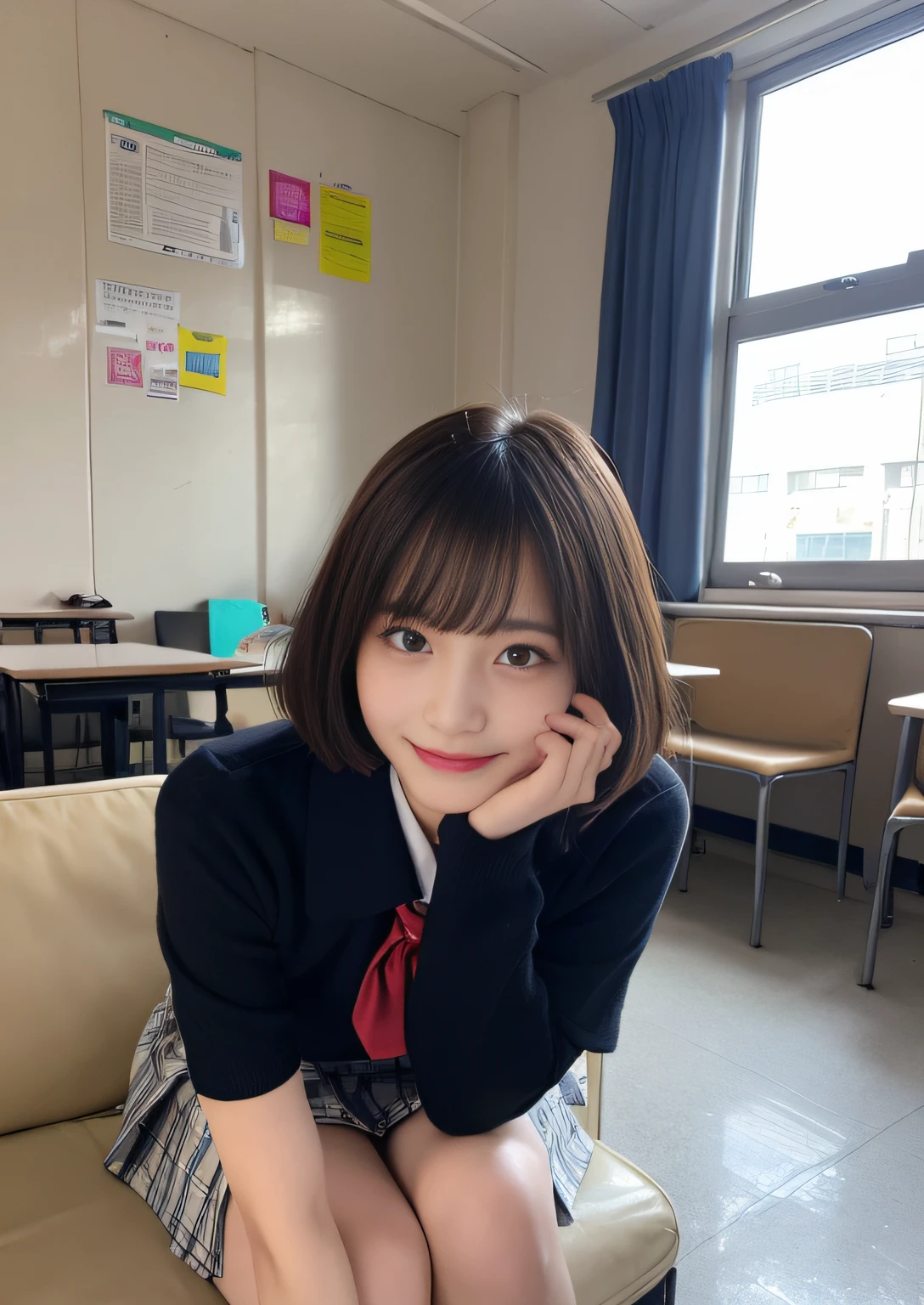 finely detail, hight resolution, hightquality、Perfect dynamic composition, Beautiful detailed eyes, Bob Layer Cut、From Verase、From below、From below、sit on sofa、long legged、despise、Looking at the camera、Random Poses、Natural Color Lip, age19、two individuals、shipping、Transparent skin、School Uniforms、I have a pick in my hand、Glowing hair、Inside the school、Fashionable clothes、Shibuya、Gelato Pique、a room、friend with beautiful legs、Shake your head、Laugh、A smile
