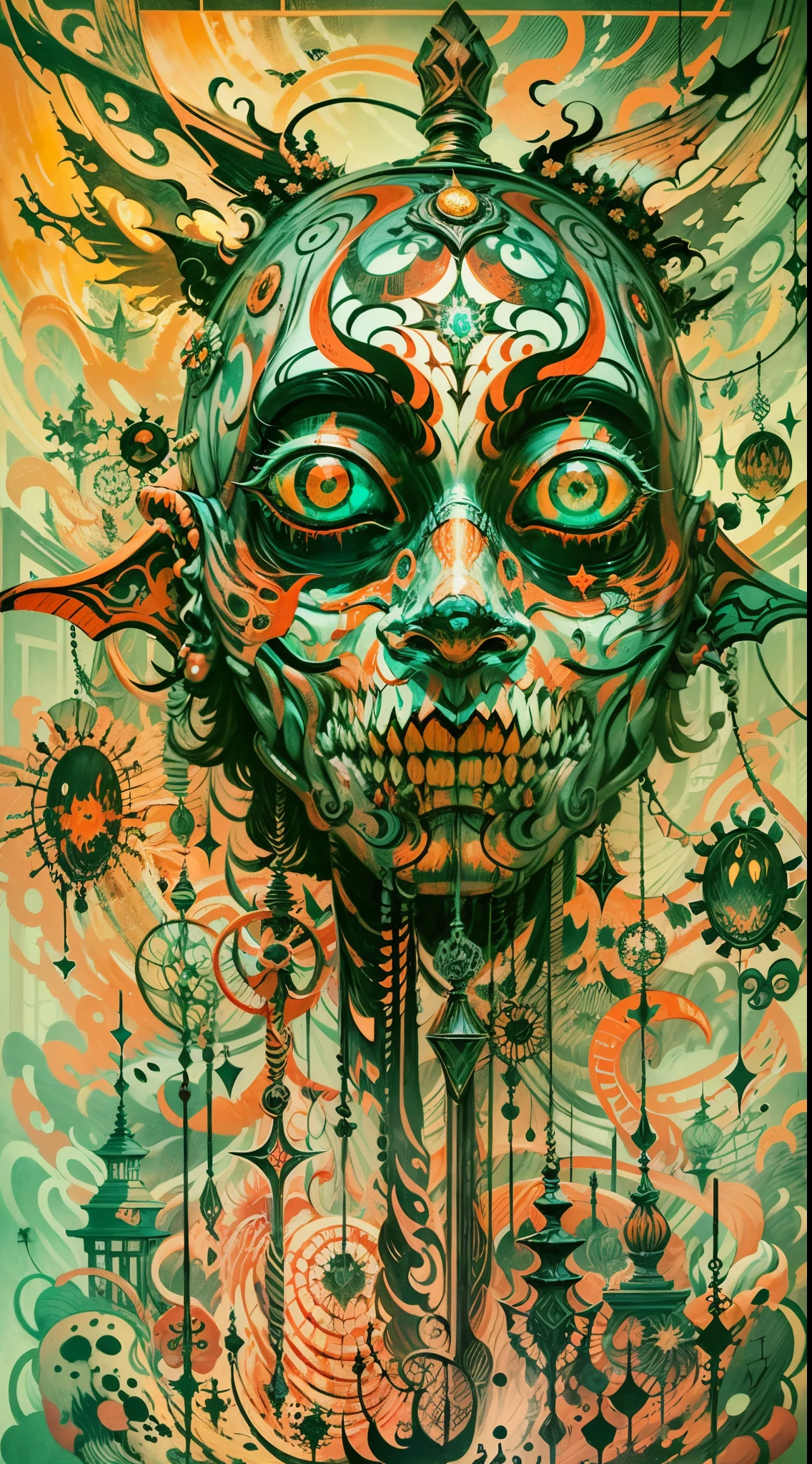 Explosive, otherworldly painting of a shape-shifting deity adorned with chaotic creepypasta motifs and omnipresent, piercing eyes, a breathtaking amalgamation of fine art and captivating photo collage, mesmerizing poster design:: their appearance exuded the enigmatic allure of cosmic horror minimalism fused with cosmic chaos:: --ar 9:16 --s 963 --c 9  --q 2  --v 5