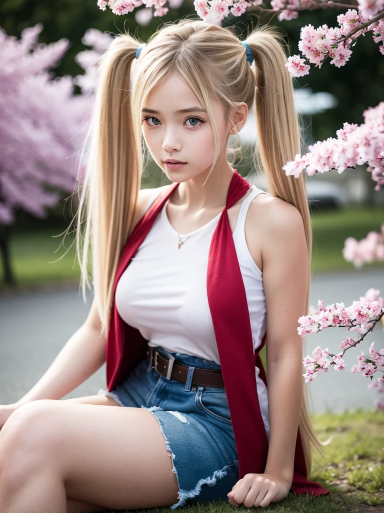 1girl, yo, blonde hair, very long hair, twintails, red ribbon, blue eyes, shy, ,akizuki airi, blonde_hair, blue eyes, twintails, very_long_hair, hair_ornament red, hair_scrunchie red, big_breasts,akizuki airi, blonde_hair, blue eyes, twintails, very_long_hair, hair_ornament red, hair_scrunchie red, big_breasts, white tshirt, bare_shoulders, blue jeans shorts, belt red, thighhighs, sitting, arm support, bluesky, branch, cherry blossoms, cloud, cloudy sky, day, hanami, outdoors, petals, sky, spring(season), tree,