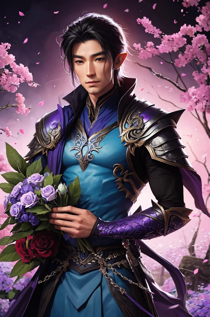 Gorgeous male asian elven king, in blue dragon scaled armor, holding a flower bouquet of purple roses