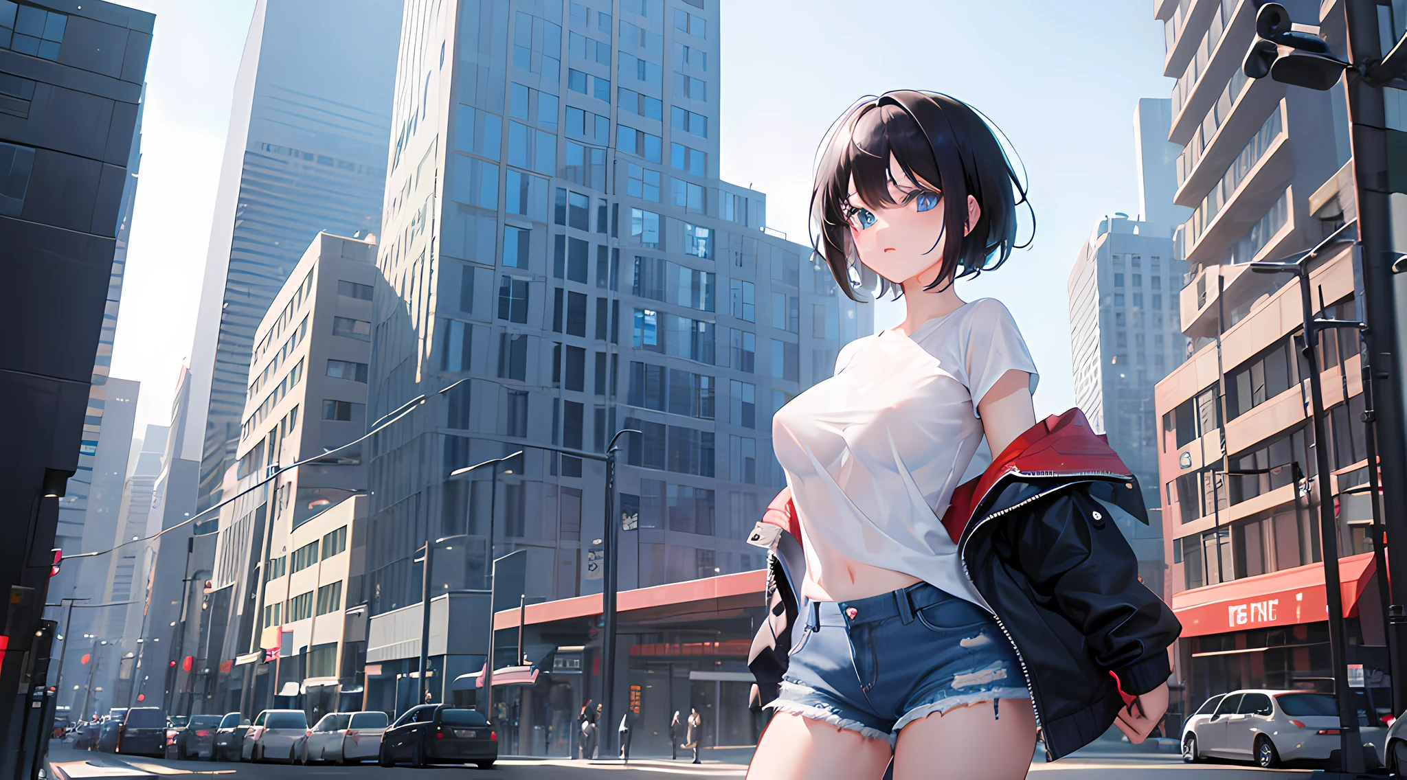 1个Giant Breast Girl, with short black hair, eBlue eyes, Wearing a plain transparent white shirt，Expose nipples, denim short, 城市, absurd res, A high resolution, Super sharp, 8K, tmasterpiece, looking at viewert