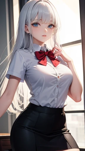 (best quality), (ultra-detailed), (an extremely delicate and beautiful), white blunt bangs, see-through, school uniform, erotic, medium breast, Wind flips up the skirt and revealing the pants.