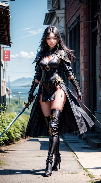 Beautiful woman, 20yr old,Alone,russian,Black armor,high heels boots,full-body portraits,warrioress,long slim figure,With a sword,Manteau,Perfect face shape and beautiful perfect face shape, Surreal concept, 8K分辨率, Photographic quality, Walk through the ruins, realisticlying,詳細な目,diagonally,