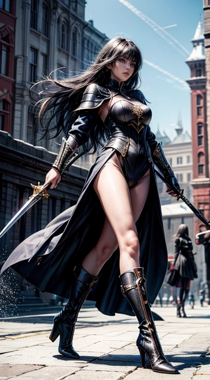 Beautiful woman, 20yr old,Alone,russian,Black armor,high heels boots,full-body portraits,warrioress,long slim figure,With a sword,Manteau,Perfect face shape and beautiful perfect face shape, Surreal concept, 8K分辨率, Photographic quality, Walk through the ruins, realisticlying,詳細な目,diagonally,