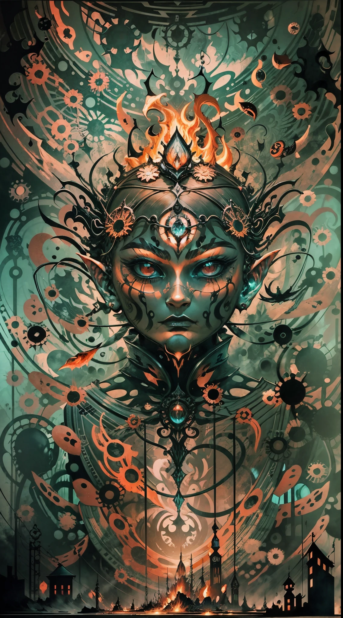Explosive, otherworldly painting of a shape-shifting deity adorned with chaotic creepypasta motifs and omnipresent, piercing eyes, a breathtaking amalgamation of fine art and captivating photo collage, mesmerizing poster design:: their appearance exuded the enigmatic allure of creepy minimalism fused with cosmic chaos:: --ar 9:16 --s 963 --c 9 --q 2 --v 5