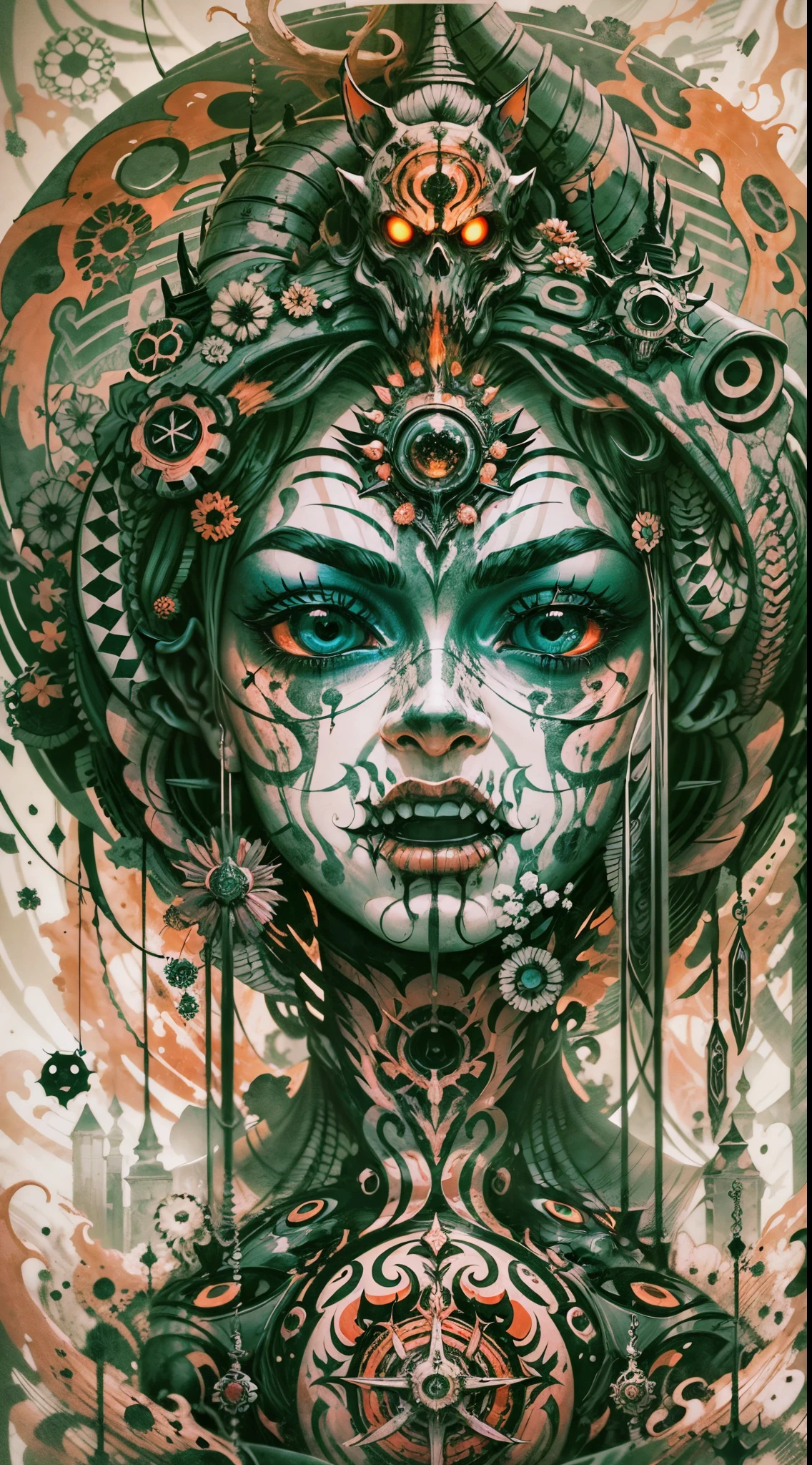 Explosive, otherworldly painting of a shape-shifting deity adorned with chaotic creepypasta motifs and omnipresent, piercing eyes, a breathtaking amalgamation of fine art and captivating photo collage, mesmerizing poster design:: their appearance exuded the enigmatic allure of creepy minimalism fused with cosmic chaos:: --ar 9:16 --s 963 --c 9 --q 2 --v 5