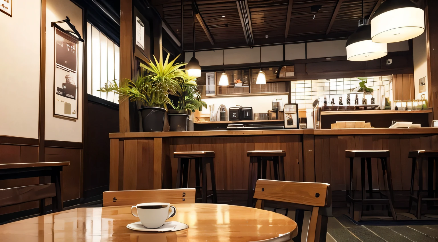 in the evening, A rainy day, in a japanese coffee shop, it has no body but some tables and chairs, a cup of hot coffee on a table, a plant in the corner of the shop, a clock at the back, a coffee machine