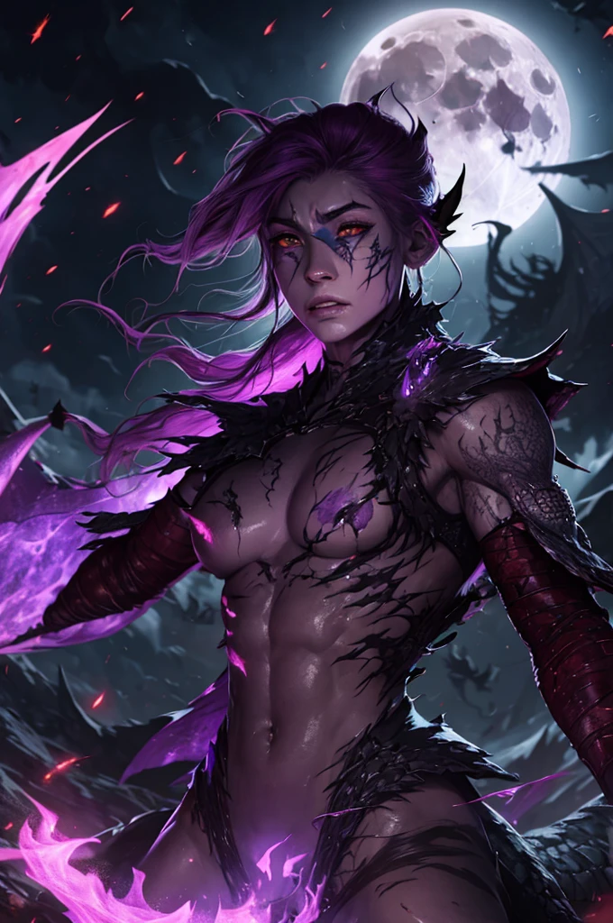 Dragons body, covered in scars, purpled lightening, left eye scared closed, scales shimmer under a full moon