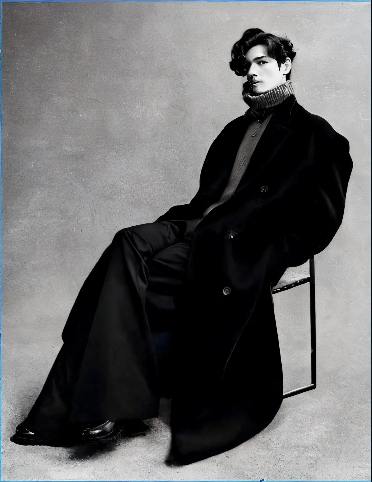 A man wearing a black coat sitting on a chair in an Alafade image, Jil Sander official commentary, Valentino official commentary, Prada official commentary, Dior official commentary, Vogue magazine, Paul Roesti's style, Paul Roesti's style, He wearing a black overcoat, Alasdair McLellan's style, Vuitton official commentary. (best quality, 4k, 8k, highres, masterpiece:1.2), ultra-detailed, (realistic, photorealistic, photo-realistic:1.37), HDR, UHD, studio lighting, ultra-fine painting, sharp focus, physically-based rendering, extreme detail description, professional, vivid colors, bokeh, portraits.