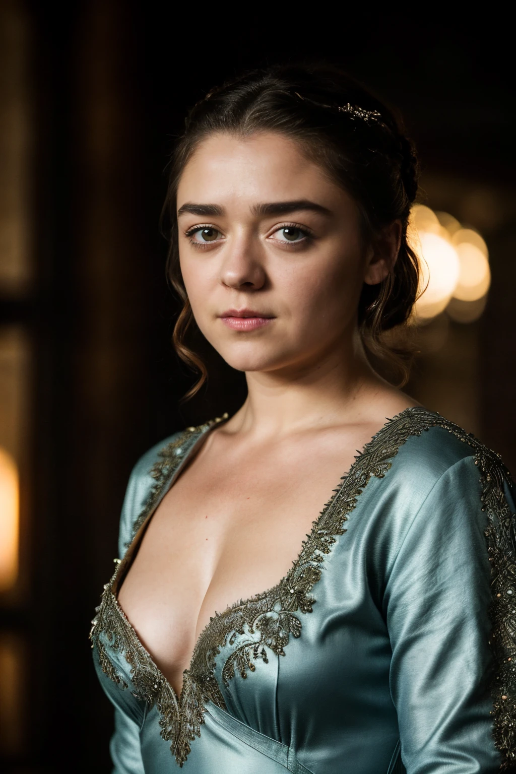 Foto RAW, Arya Stark, Extremely gorgeous lady, Arya Stark PLAYED BY MAISIE WILLIAMS, Queen Arya Stark, she a mature woman now, milf, sexy mediaeval battle dress, gladiator woman, body, 40 years old Woman, body revealing costumes, perky breast, big natural breast, erotic costumes, lusty physique, seductive figure can capture every people's attention, Game of thrones costumes, revealing captivating figure, Mediaeval costumes, revealing clothes, A tomboy, she would rather fence than dance, warrior queen , game of thrones screen caps, Game of Thrones Series, (pele altamente detalhada: 1.2), 8k UHD, DSLR, soft-lighting, alta qualidade, grain of film, Fujifilm XT3, flawless picture, highly detailed, detailed Beauty, intricate, 32k, sharp picture,