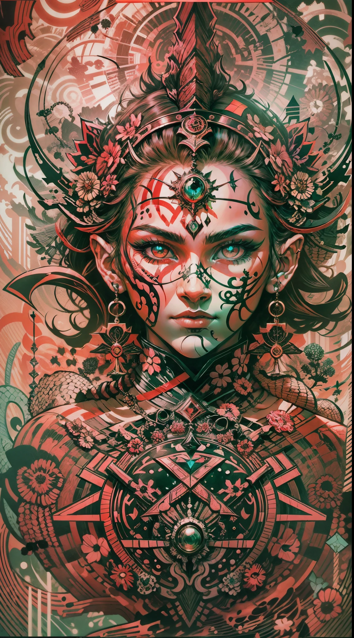 Explosive, otherworldly painting of a shape-shifting deity adorned with chaotic Celtic rune motifs and omnipresent, piercing eyes, a breathtaking amalgamation of fine art and captivating photo collage, mesmerizing poster design:: their appearance exuded the enigmatic allure of Arthurian legend minimalism fused with cosmic chaos:: --ar 9:16 --s 963 --c 9 --q 2 --v 5