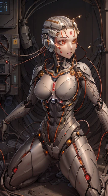 (((masterpiece))), ((best quality)), ((ultra-detailed)), (CG illustration), (an extremely devious and beautiful)), cinematic light, ((1 mechanical girl)), single, full, (machine-made joints: 1.4), ((mechanical limb)), ( blood vessels attached to the tube), ((mechanical spine attached to the back)), ((mechanical cervical vertebrae attached to the neck), ((combat stance)), expressionless, (wires and cables attached to the head and body: 1.5), (character focus), science fiction, apocalypse, glow