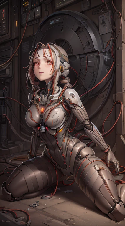 (((masterpiece))), ((best quality)), ((ultra-detailed)), (CG illustration), (an extremely devious and beautiful)), cinematic light, ((1 mechanical girl)), single, full, (machine-made joints: 1.4), ((mechanical limb)), ( blood vessels attached to the tube), ((mechanical spine attached to the back)), ((mechanical cervical vertebrae attached to the neck), ((combat stance)), expressionless, (wires and cables attached to the head and body: 1.5), (character focus), science fiction, apocalypse, glow