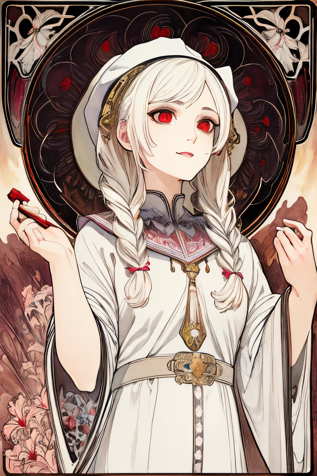 SFW,masutepiece, Best Quality, High resolution, 1girl, upper body, Details , detail hands, Detail fingers, Detail Face, detail legs, watercolor paiting, in graveyard, white hair, pigtails, wavy hair, white clothes, red eyes, skull, bone, (art nouveau:1.25), Maximalism artstyle, neon theme, suprematism, beautiful detailed eyes, hyper detailed, beautifuly color, high details, high quality, back light, upper body, high quality, hair with body, white lilys, evil grin, human hands, priest, poisoned chalicem, Grinning