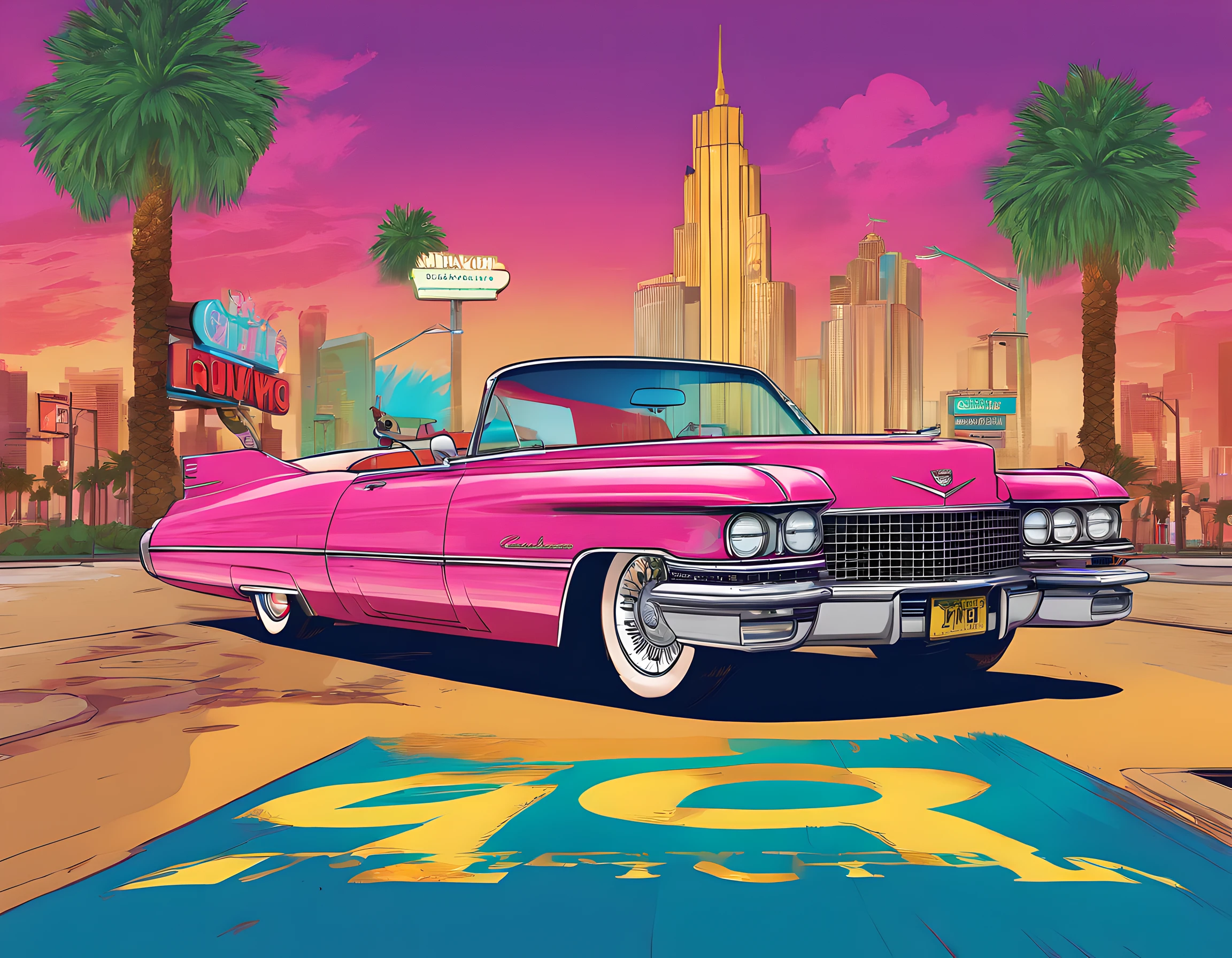 Classic Cadillac DeVille cruising down a glamorous Las Vegas city boulevard