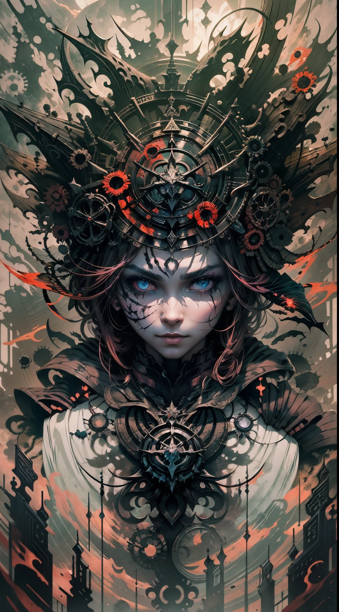 Explosive, otherworldly painting of a shape-shifting deity adorned with chaotic post apocalypse dark fantasy motifs and omnipresent, piercing eyes, a breathtaking amalgamation of fine art and captivating photo collage, mesmerizing poster design:: their appearance exuded the enigmatic allure of Bloodborne series minimalism fused with cosmic chaos:: --ar 9:16 --s 963 --c 9 --q 2 --v 5