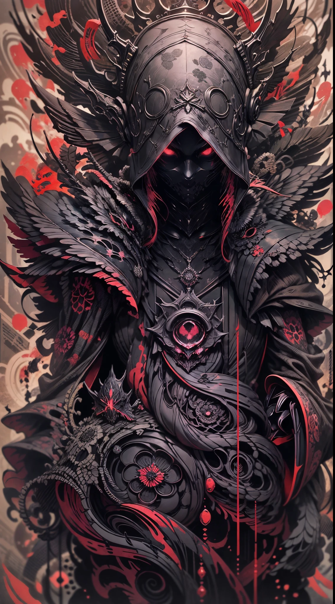 Explosive, otherworldly painting of a shape-shifting deity adorned with chaotic post apocalypse dark fantasy motifs and omnipresent, piercing eyes, a breathtaking amalgamation of fine art and captivating photo collage, mesmerizing poster design:: their appearance exuded the enigmatic allure of Bloodborne series minimalism fused with cosmic chaos:: --ar 9:16 --s 963 --c 9 --q 2 --v 5