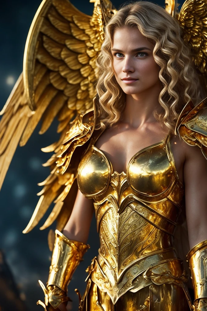 Outrageous resolution、masutepiece++,top-quality++,ultra-defined++, ultra-defined++,4K++,8K++,(Background Focus)++, Highly detailed, Viewer's Perspective、（（Golden World））++、((１Man))++, ((An angel in golden armor in a battle posture)), ((((An angel in golden armor who is a battle-mad))))++++,（Angel in Golden Armor）、((Golden wings in golden armor))++, (((Gorgeous golden cloth)))+++,(((golden  glowing)))++++,（Holding a golden sword in his right hand）、((Frosty gaze))+ +,((Holding a golden shield in his left hand)) ++, (Golden Helm) +,（Sharp eyes）、(Golden blonde)、（（The long-haired）、(Super shiny hair and skin), (Sunlight),((Beautiful)),(Huge breasts_Body: 1.5),(Huge breasts:1.5), Muscular girl with clearly visible abs and muscles, Sweaty body, cleavage, Dynamism, (Abs cleansing and shaving, Muscle muscle thighs) +, A lively smile, Perfect eyes, Perfect hands, Perfect nose, Magic Battle Dark, Bright atmosphere, (wet effect) +, (light effect), (Cinematic Light) + , (Like a movie of light) +