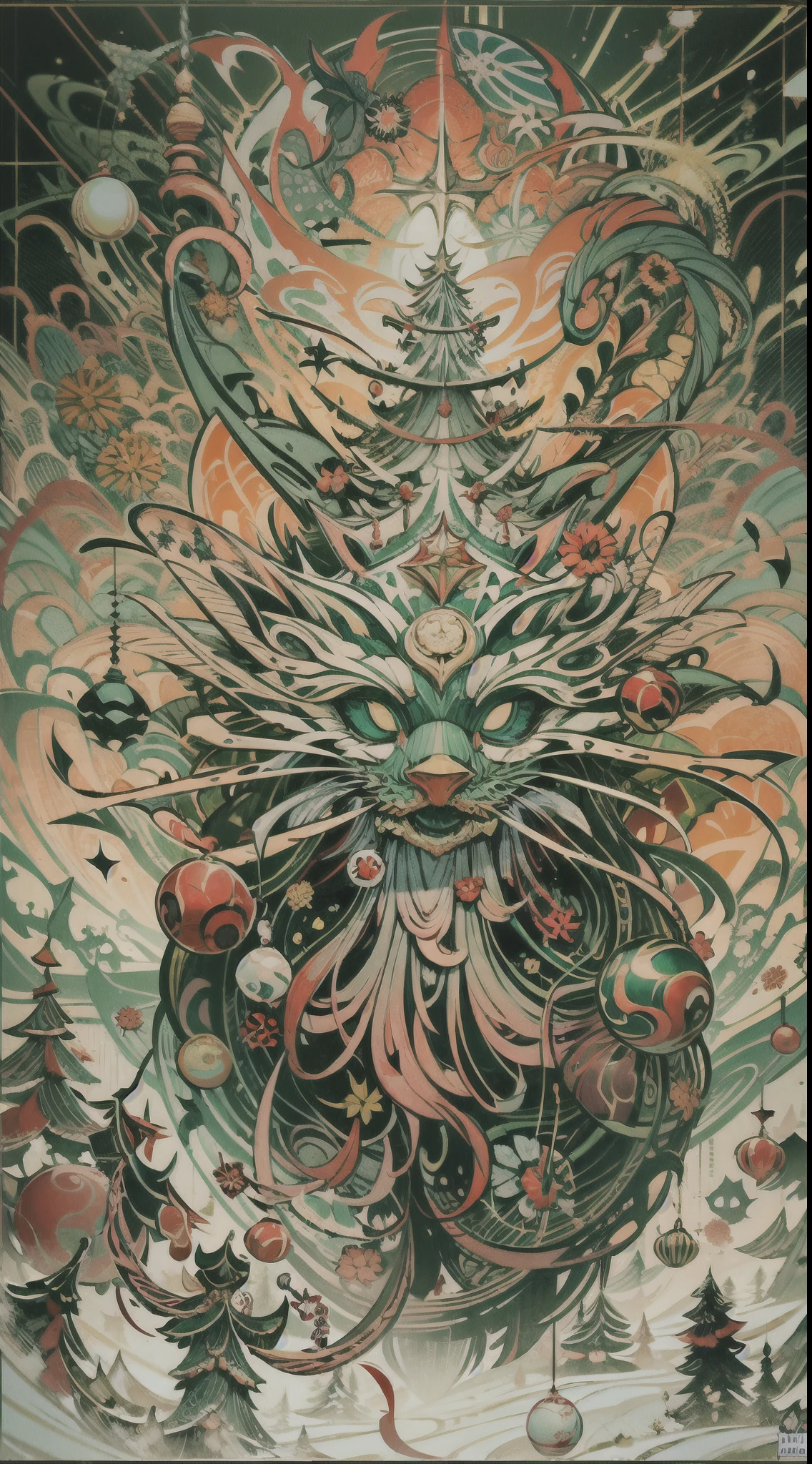 Explosive, otherworldly painting of a shape-shifting deity adorned with chaotic Christmas motifs and omnipresent, piercing eyes, a breathtaking amalgamation of fine art and captivating photo collage, mesmerizing poster design:: their appearance exuded the enigmatic allure of western Christmas minimalism fused with cosmic chaos:: --ar 9:16 --s 963 --c 9 --q 2 --v 5