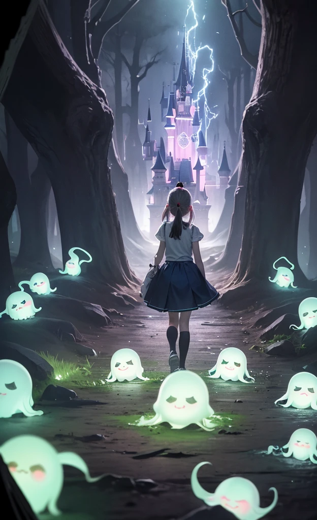 masterpiece, best quality, schoolgirl exploring a haunted theme park, haunted by cute chibi ghosts, cute, whimsical, glow, glowing, fun, silly, mystical, magical, arcane, funny, amusing