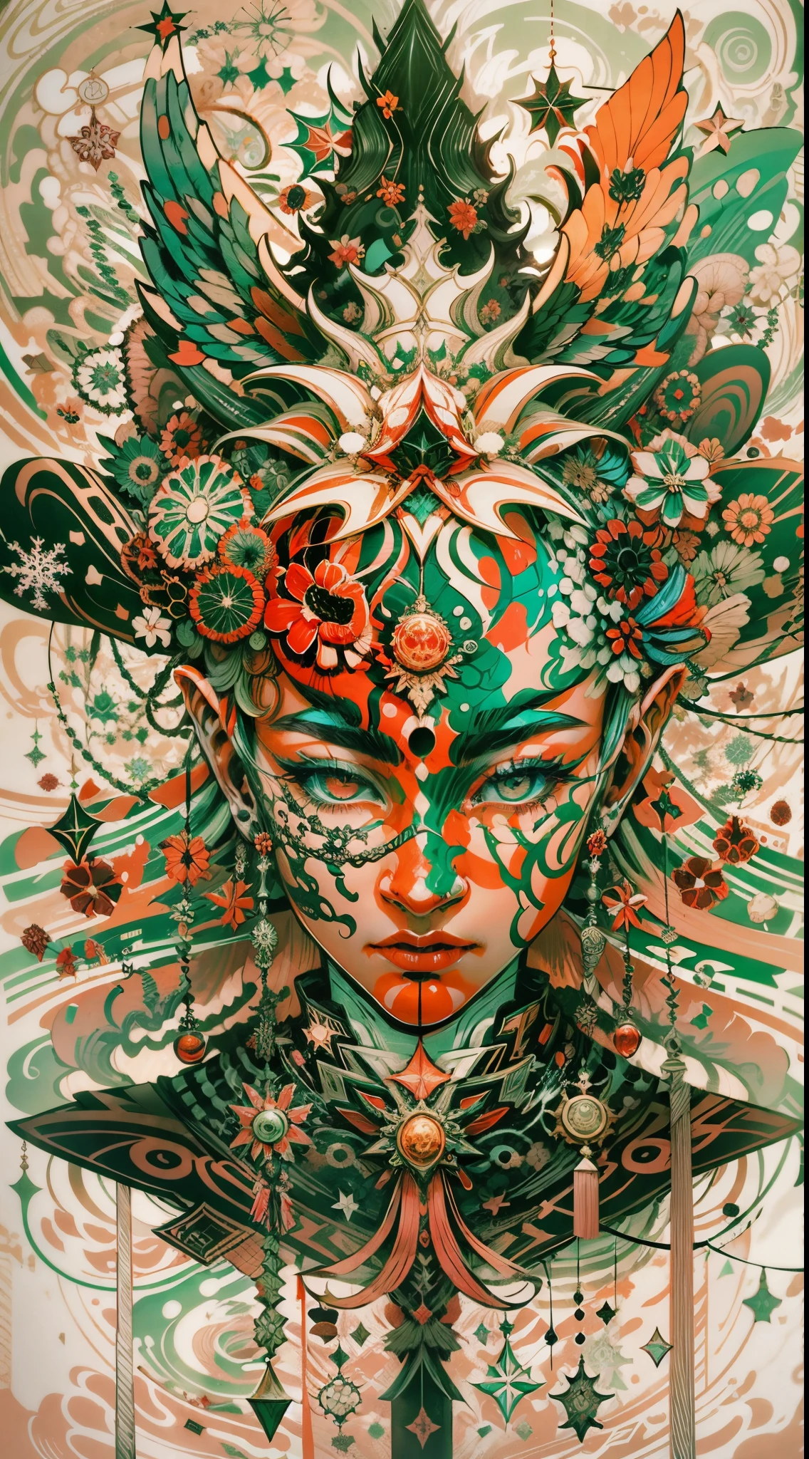 Explosive, otherworldly painting of a shape-shifting deity adorned with chaotic Christmas motifs and omnipresent, piercing eyes, a breathtaking amalgamation of fine art and captivating photo collage, mesmerizing poster design:: their appearance exuded the enigmatic allure of western Christmas minimalism fused with cosmic chaos:: --ar 9:16 --s 963 --c 9 --q 2 --v 5
