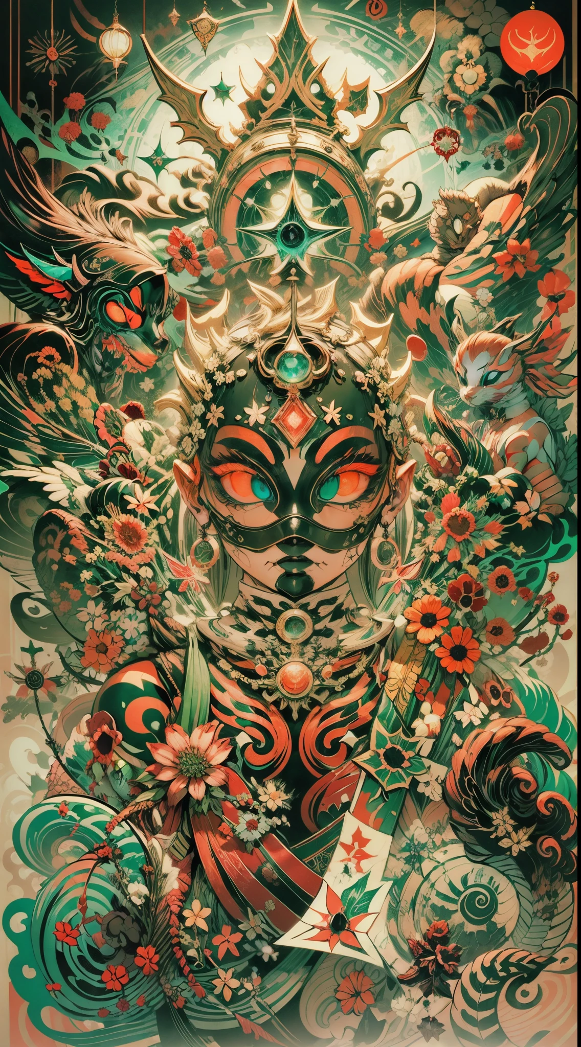 Explosive, otherworldly painting of a shape-shifting deity adorned with chaotic Christmas motifs and omnipresent, piercing eyes, a breathtaking amalgamation of fine art and captivating photo collage, mesmerizing poster design:: their appearance exuded the enigmatic allure of western Christmas minimalism fused with cosmic chaos:: --ar 9:16 --s 963 --c 9 --q 2 --v 5