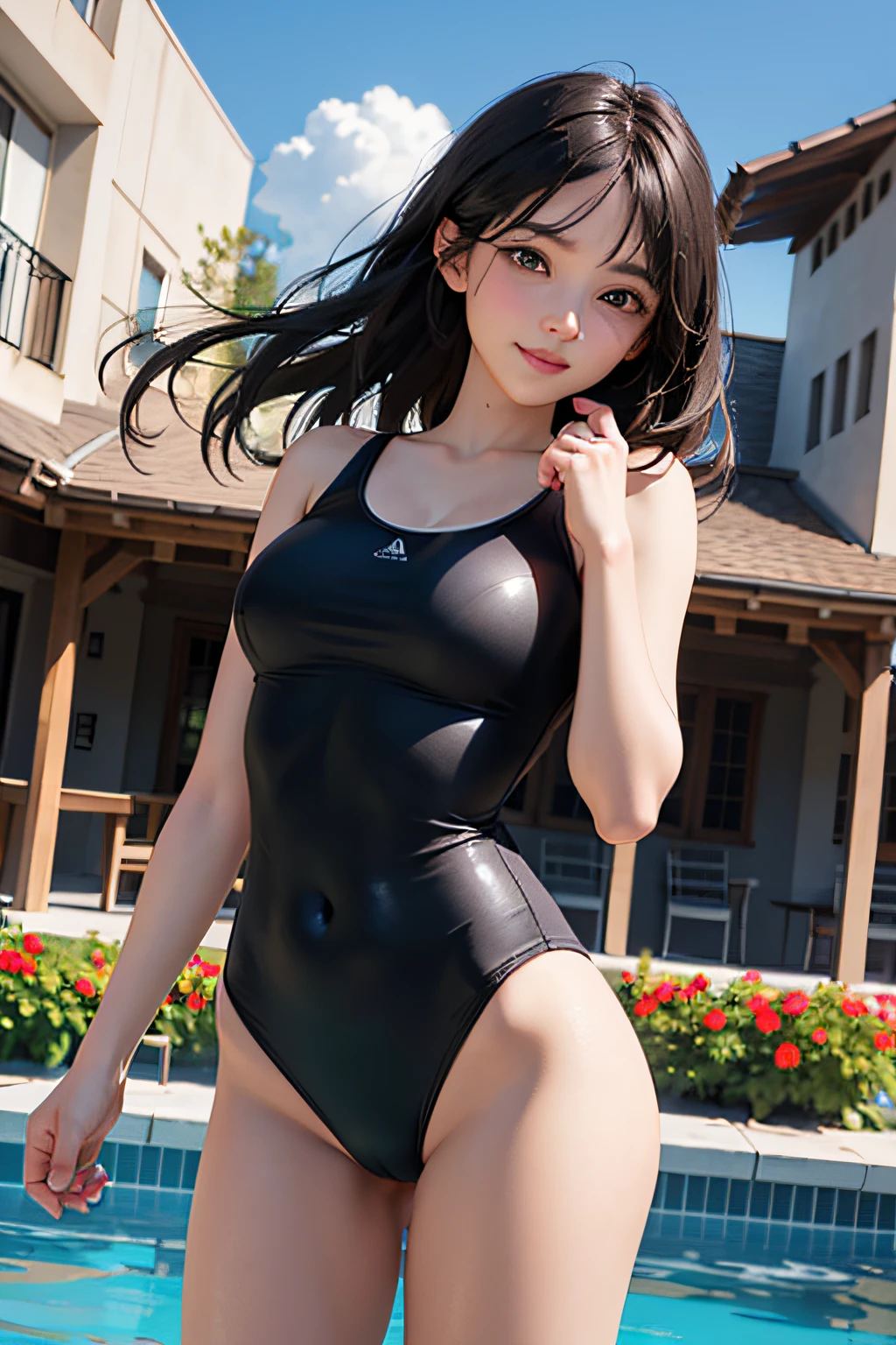 Very cute and beautiful girl,,(very detailed beautiful face and eyes:1.2),Blue school swimsuit,
Standing,Dynamic Pose,Looking at Viewer,Pool side,planter flowers,Smile,Black hair,Cowboy Shot,Dynamic Angle,
(Best Quality,masutepiece:1.2),hight resolution,Solo,Hair fluttering in the wind,Beautiful detailed sky,
