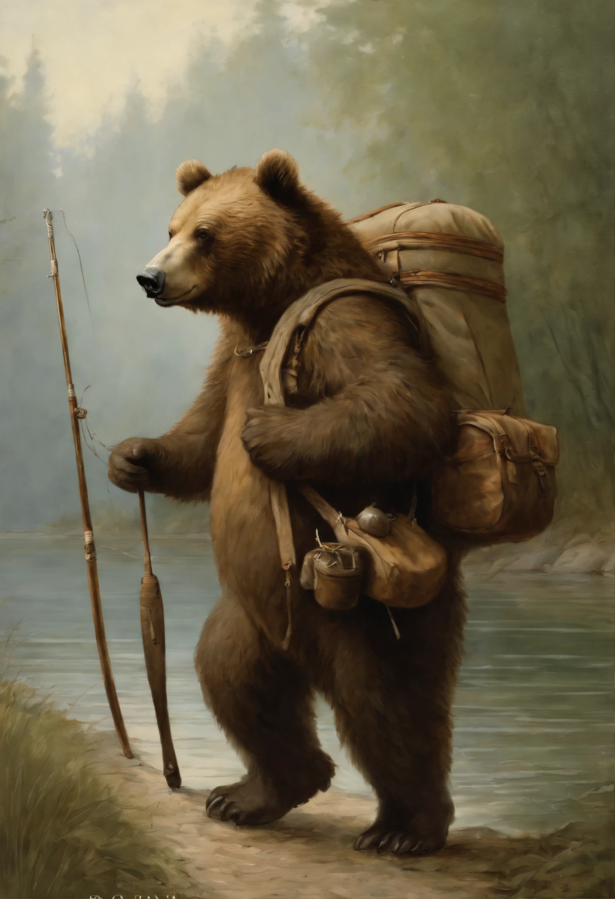 真实感, Painting by Jean-Baptiste Monge depicting a large brown bear, Goes to Revbalka, He carries a fishing rod in his paws, paws Dressed in fishing boots, Carrying a bag of fishing tackle, On a summer day to the river , jean - baptiste monge, anthropomorphic --ar 2:3 --testp -optimistic;