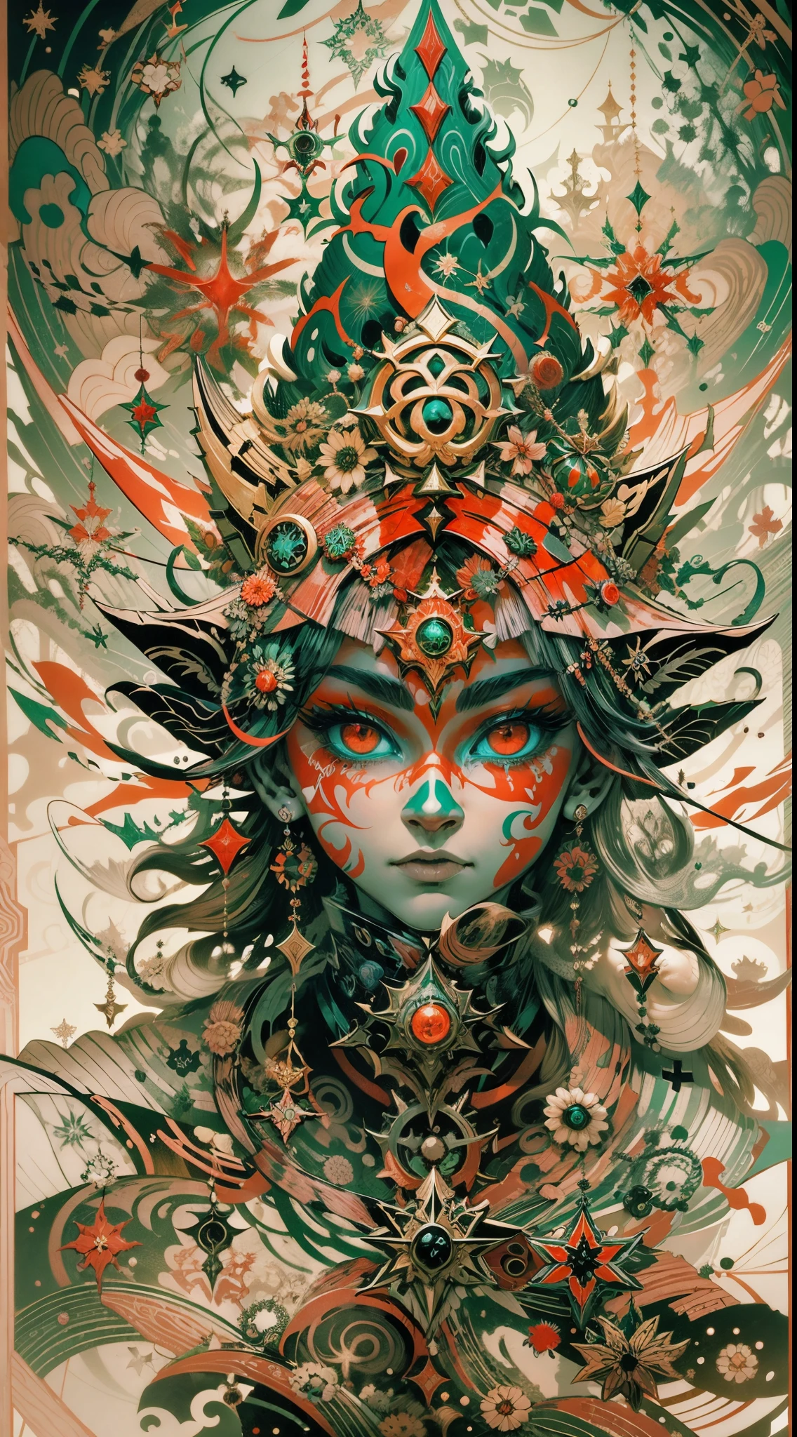 Explosive, otherworldly painting of a shape-shifting deity adorned with chaotic Christmas motifs and omnipresent, piercing eyes, a breathtaking amalgamation of fine art and captivating photo collage, mesmerizing poster design:: their appearance exuded the enigmatic allure of western Christmas minimalism fused with cosmic chaos:: --ar 9:16 --s 963 --c 9 --q 2 --v 5