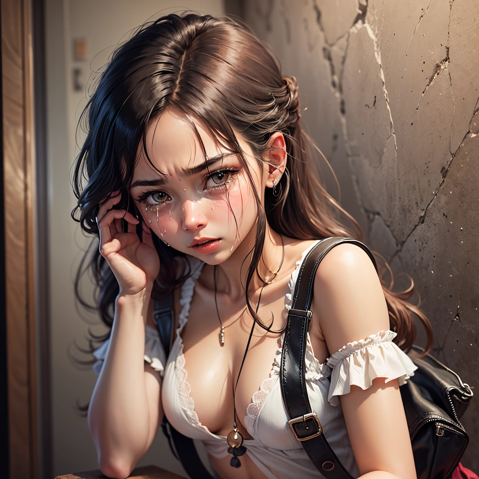 A girl crying in a binary dark background --auto --s2