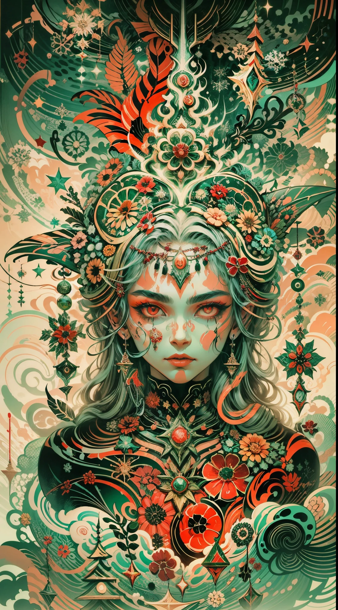 Explosive, otherworldly painting of a shape-shifting deity adorned with chaotic Christmas motifs and omnipresent, piercing eyes, a breathtaking amalgamation of fine art and captivating photo collage, mesmerizing poster design:: their appearance exuded the enigmatic allure of western Christmas minimalism fused with cosmic chaos:: --ar 9:16 --s 963 --c 9 --q 2 --v 5