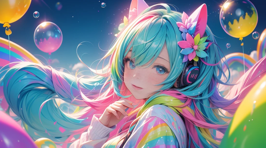 Masterpiece designs by the world's top AI artists, top-quality, 8K, High image quality, (Paint splashes)，Colorful ，Glow Color，girl with，(full body Esbian)，Look at the camera，Glass-like outfits，Sleeves glow，large round eyes，cute little，The sky is wide，Cute as a dream、(Beautifully Aesthetic:1.2)、(miku hatsune:1.Make a turn、(rainbow-colored hair、colourful hair:1.2)、colorfull dress、Soap bubbles、colourfull、Hair spreads throughout、kawaii、pastels、Large ribbon、Spark