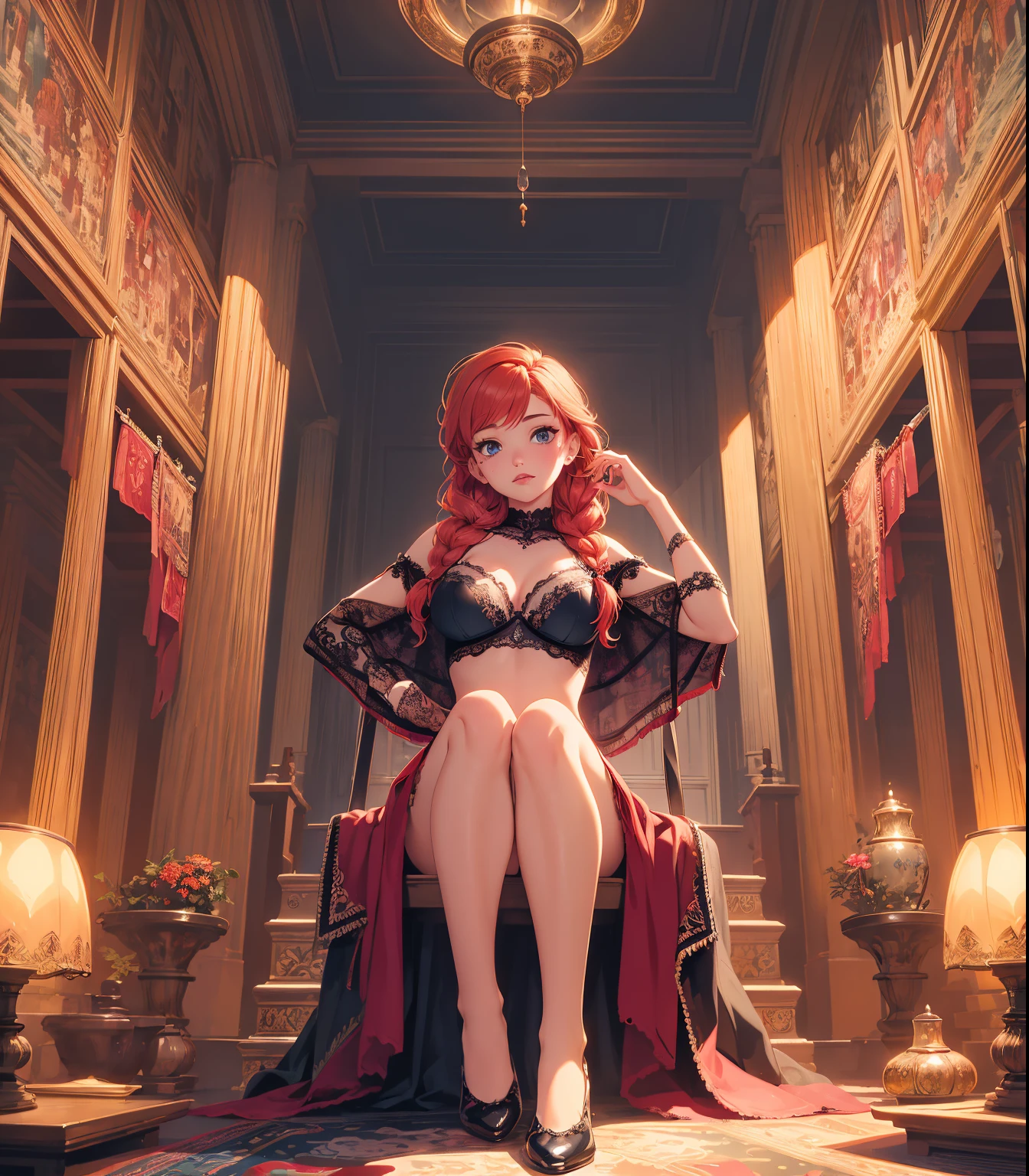 masterpiece, best quality, best illustration, HDR, beautiful details, intricate details, detailed scenery, dramatic light, best shadow, (full body shot),  (1girl), anna of arendelle, red hair, blue eyes, braid, sitted, hands pushing breasts together, masturbation from below, Grab your own breasts, spread open legs, thighs, view from below ((intricate lace lingerie)), (detailed beautiful eyes)