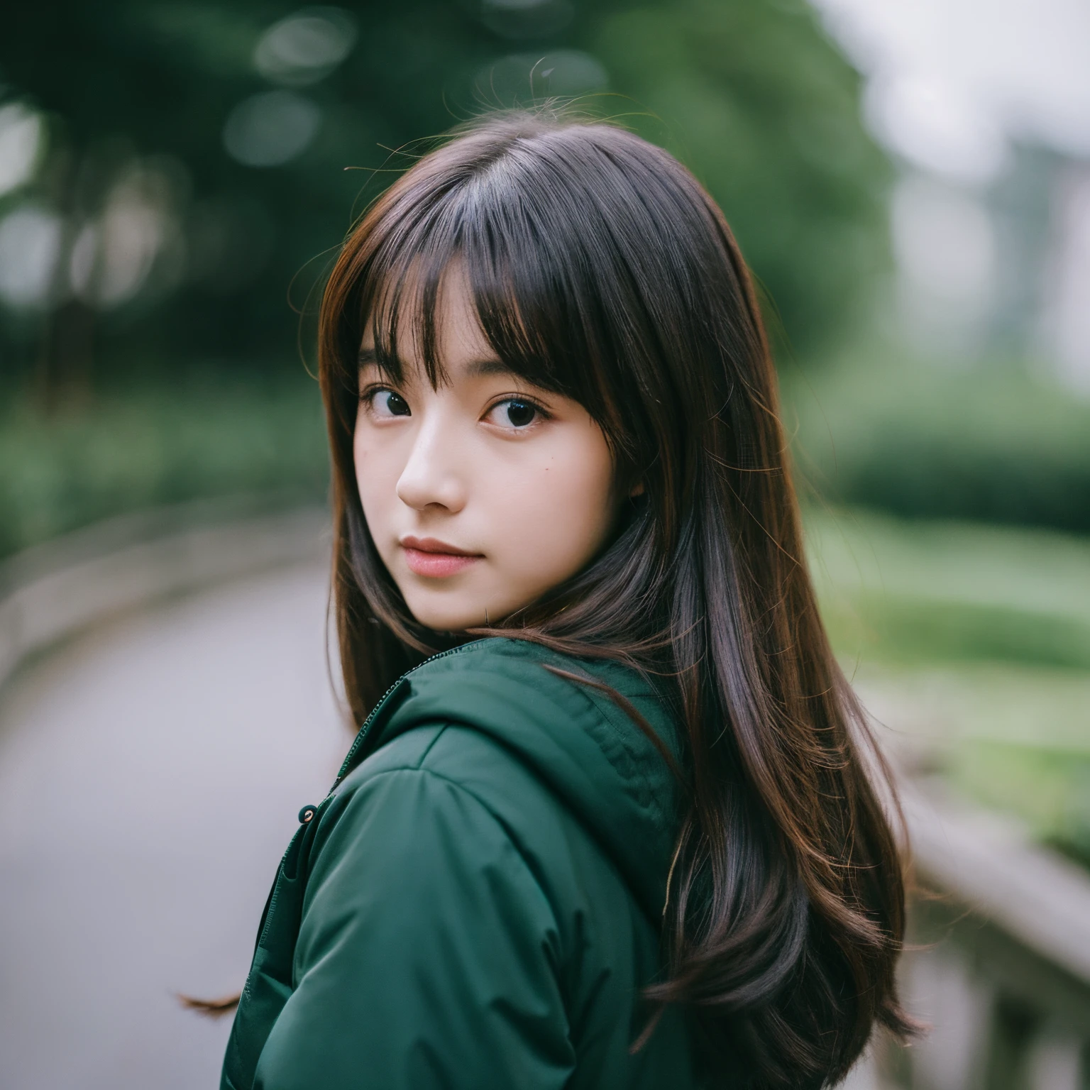 A close up of a woman with long hair and a green jacket - SeaArt AI