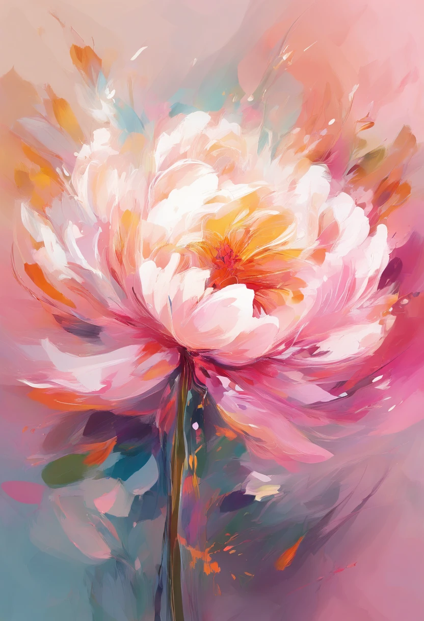 Draw an abstract painting of a single flower.,pale pink peony flowers、use acrylic paint、Abstract artist known for his unique use of acrylic pouring, real brush strokes，aesthetic composition，Minimal style, Delicate, Flowing strokes、Quiet and discreet shape、Pale pink peonies symbolize delicacy and gentleness......、express shame or embarrassment、The main colors of the work are soft and gentle tones.......、Add moist compacted sand、Enhances the texture and tactile elements of your artwork, While staring at this image, oot、Interaction of color and texture、Immerse yourself in the feeling of shame、guided by shame