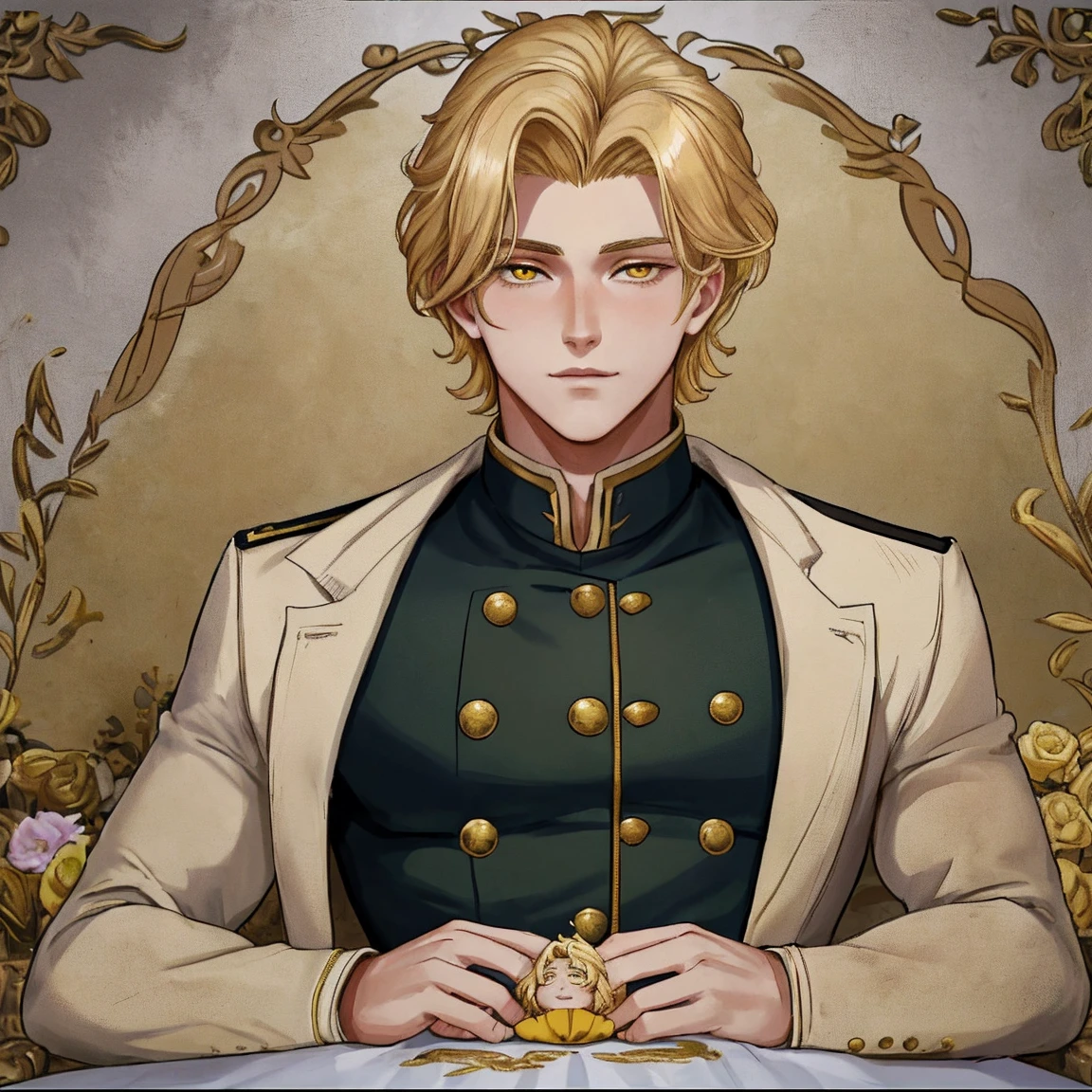 portraite of a. Young guy with golden blond hair, Military haircut, Yellow eyes, dimples on the cheeks. he has a beautiful face, "carved in honor of a fairytale prince". He described him as extremely charming and handsome....