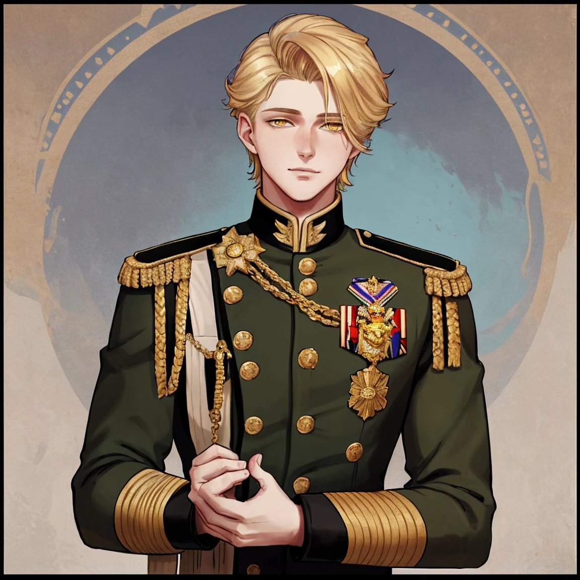 portraite of a. Young guy with golden blond hair, Military haircut, Yellow eyes, dimples on the cheeks. he has a beautiful face, "carved in honor of a fairytale prince". He described him as extremely charming and handsome....