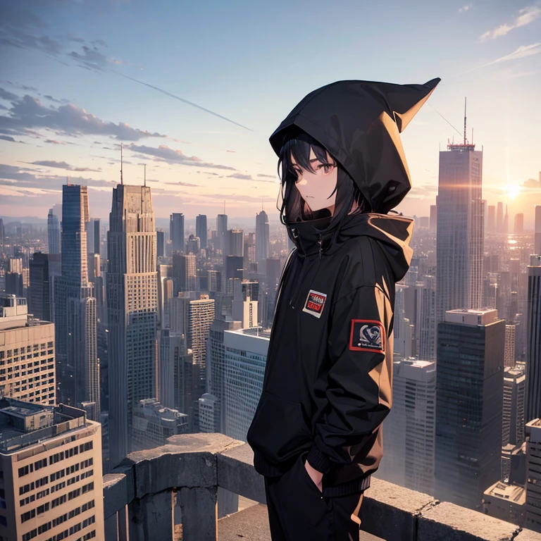 A 19 year old boy wearing black huddie with head covered, standing at top of the building of city, sunset time, face, not happy face