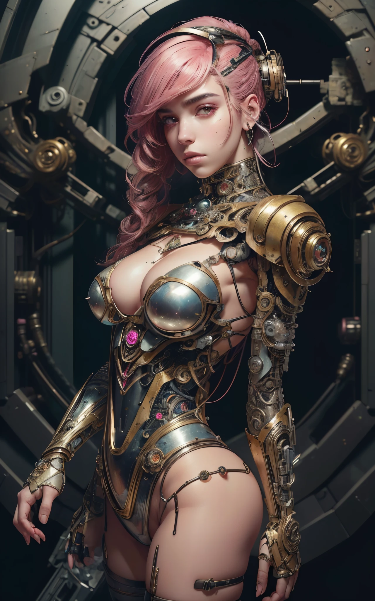 8k portrait of beautiful (cyborg) with pink hair, (Dua Lipa) , mecha musume scifi body suit, pauldrons, intricate, elegant, highly detailed, majestic, digital photography, art by artgerm and ruan jia and greg rutkowski surreal painting reflective, hairpin jewel, broken glass, (masterpiece, sidelighting, finely detailed beautiful eyes: 1.2), hdr,