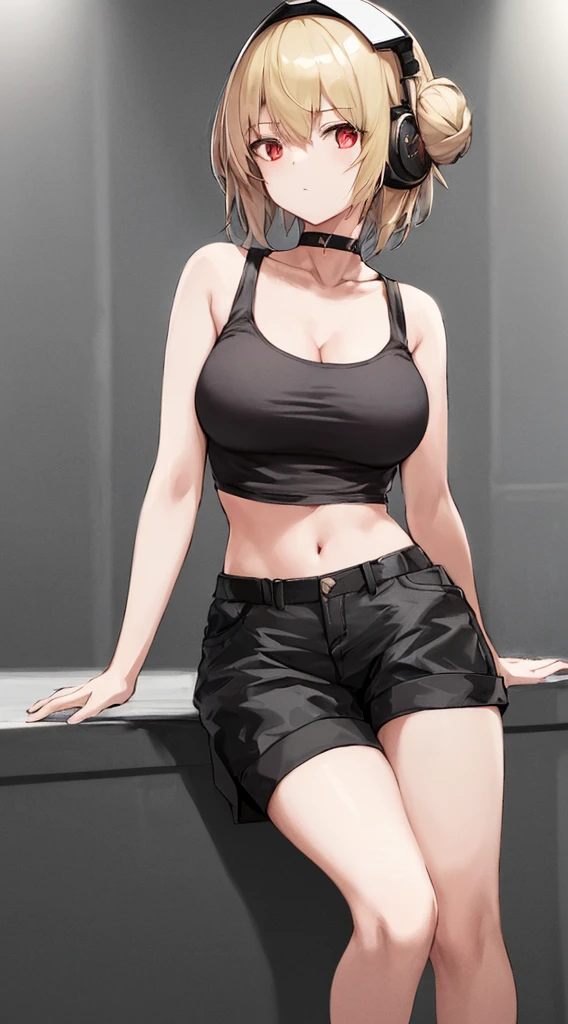 1girl, solo, girls frontline, blonde hair, short hair, red eyes, two buns, military headphones, black underwear(bra), ((gray t-shirt)), open neckline, choker, black shorts, ammunition on right leg, stocking on left leg, large breasts, leaning forward, postcard, simple background, low illumination, without shading